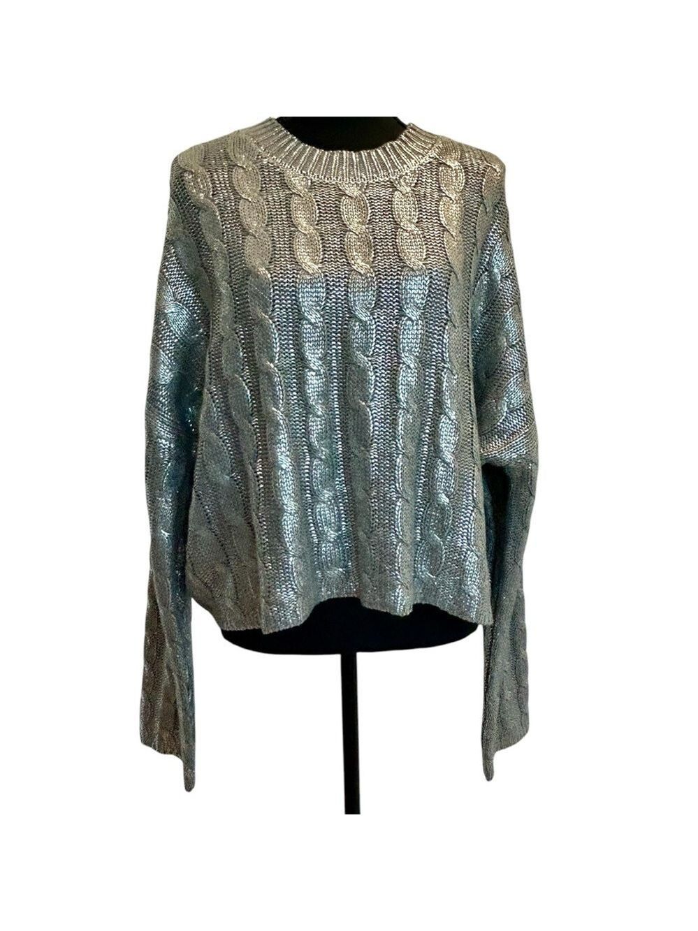 Moon & Madison silver metallic foil cable knit sweater round neck long sleeve L